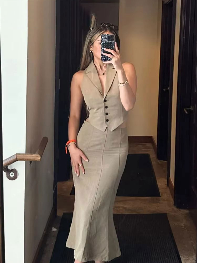 Women'S Fashion Vest Tops - 여성용 솔리드 베스트 스커트 세트, 뒷면