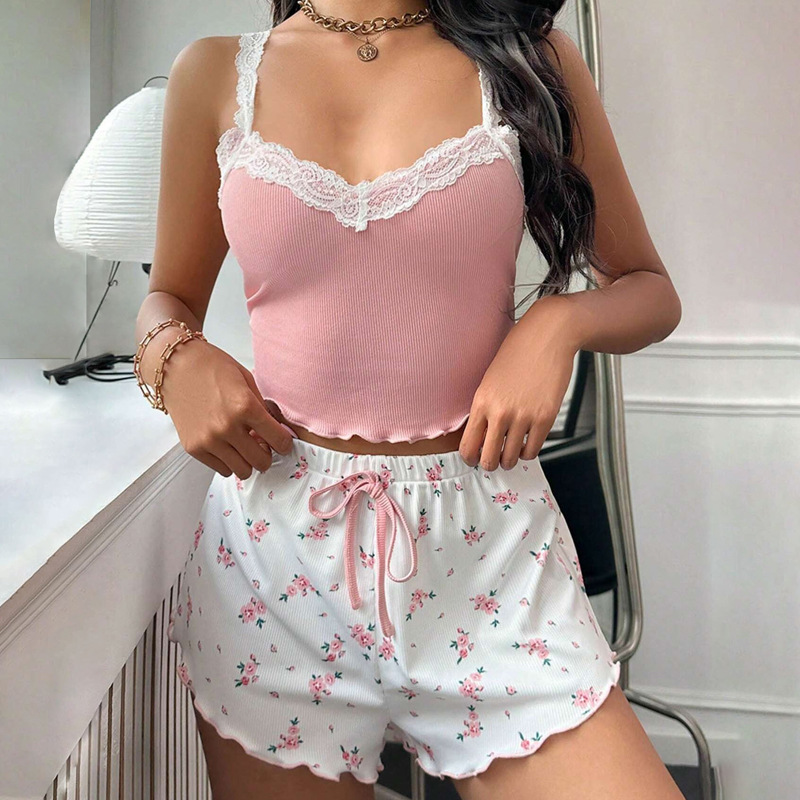 여성용 레이스 트림 캐미 반바지 세트 반팔 파자마 세트 - Lace Trim Cami 리뷰 및 가격