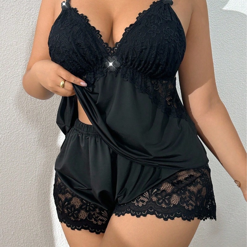 여성 플러스 사이즈 레이스 란제리 세트, 블랙 핑크 2 - Lace Trim Cami 리뷰 및 가격